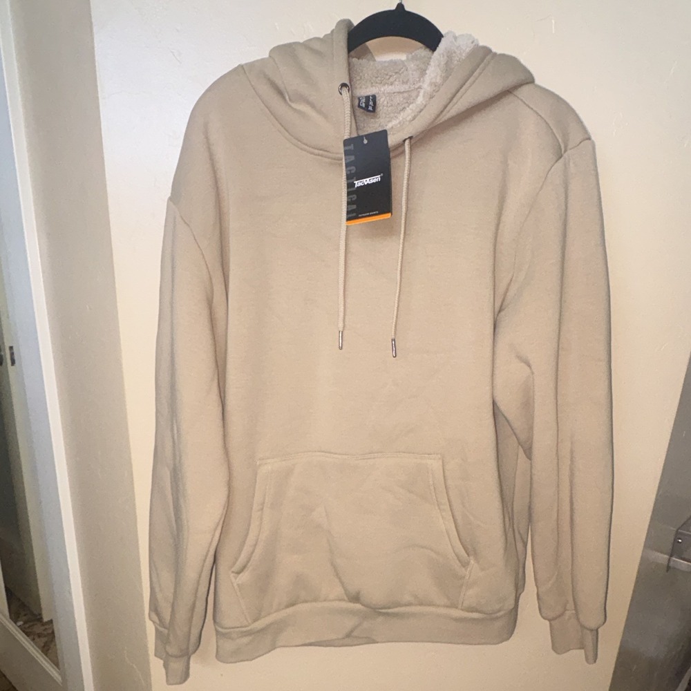 TacVasen Mens Beige Pullover Fleece Hoodie Sherpa Lined Kangaroo Pocket XL